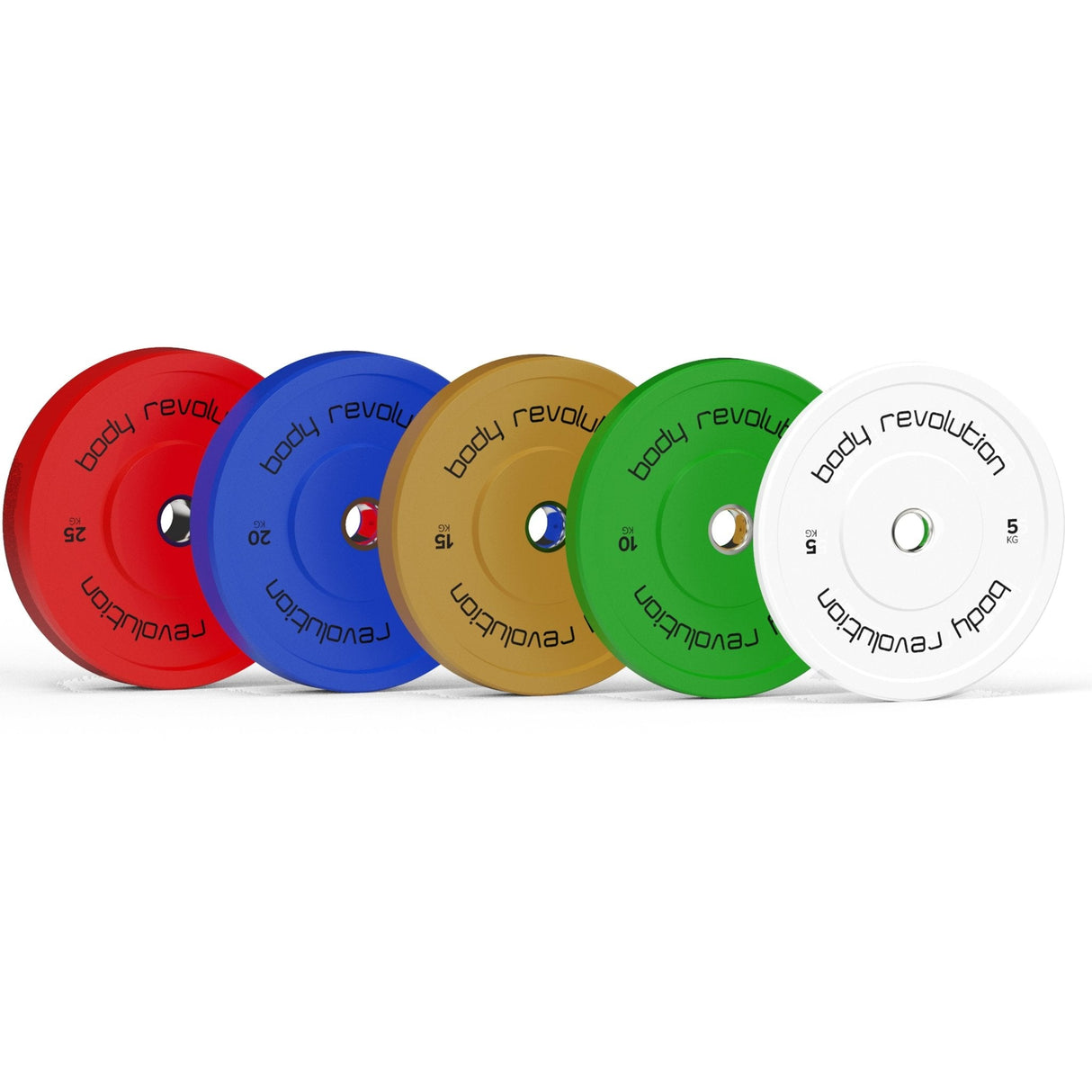 Fünf farbige Bumper Plates in Rot, Blau, Grün, Gelb und Weiß, jeweils mit klarer Gewichtszahl und "Body Revolution"-Logo, ideal für das Gewichtheben