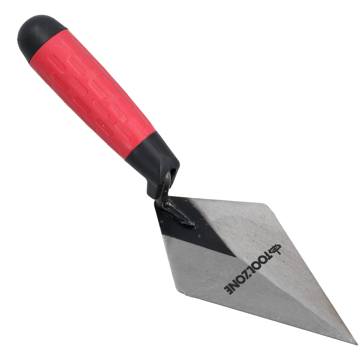 Kellenwerkzeug mit rotem, rutschfestem Griff und glänzender, spitz zulaufender Klinge aus Edelstahl, ideal für präzise Mörtel- und Zementarbeiten