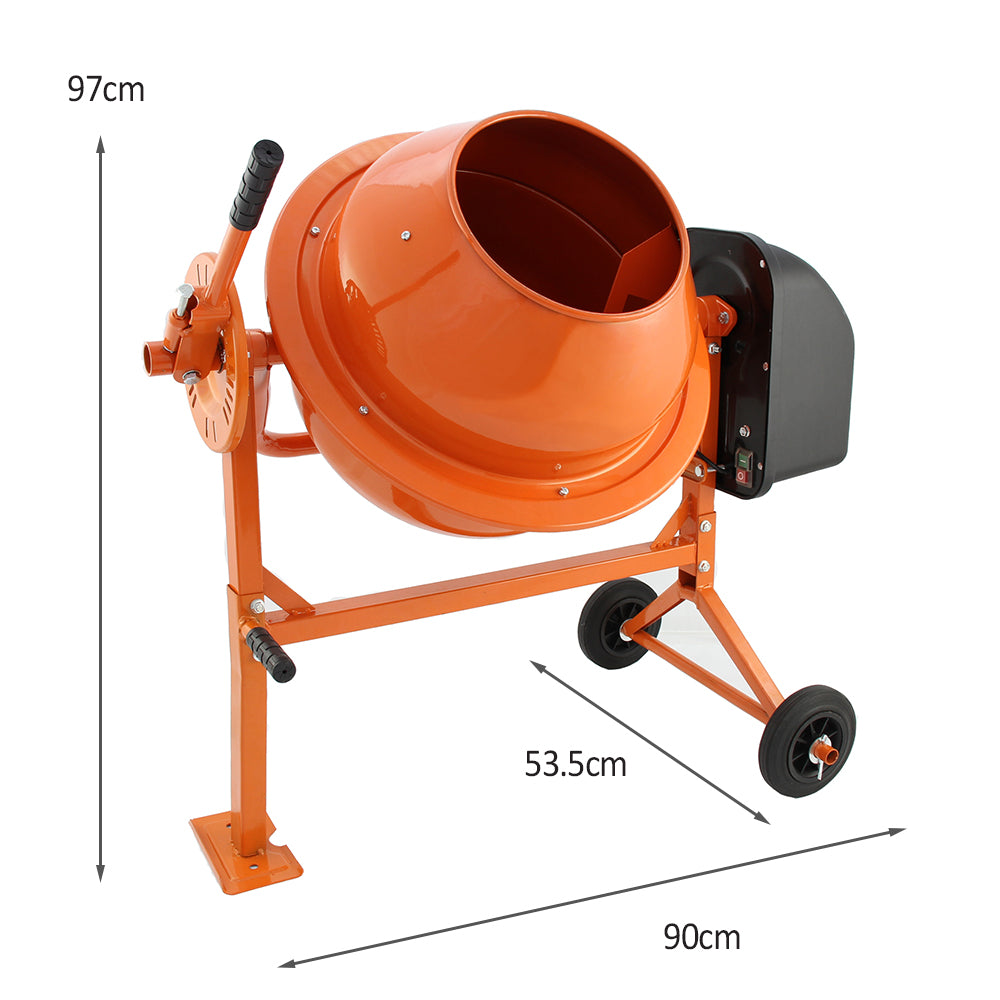 70-Liter-Elektro-Zementmischer in leuchtendem Orange mit robustem Metallrahmen, großen Rädern und einem praktischen Kellenset für einfache Handhabung