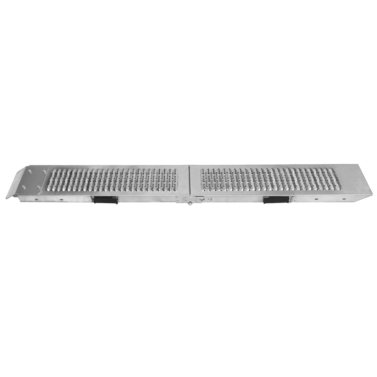Faltbare Motorradrampen aus robustem Aluminium, silberfarben, mit rutschfester Oberfläche und durchgehendem Gitterdesign für sicheren Zugang