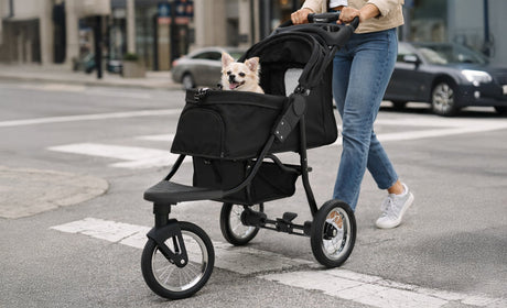 Schwarzer Haustier-Buggy mit einem glücklichen Hund, der bequem im Sitz sitzt, während eine Person über die Straße geht