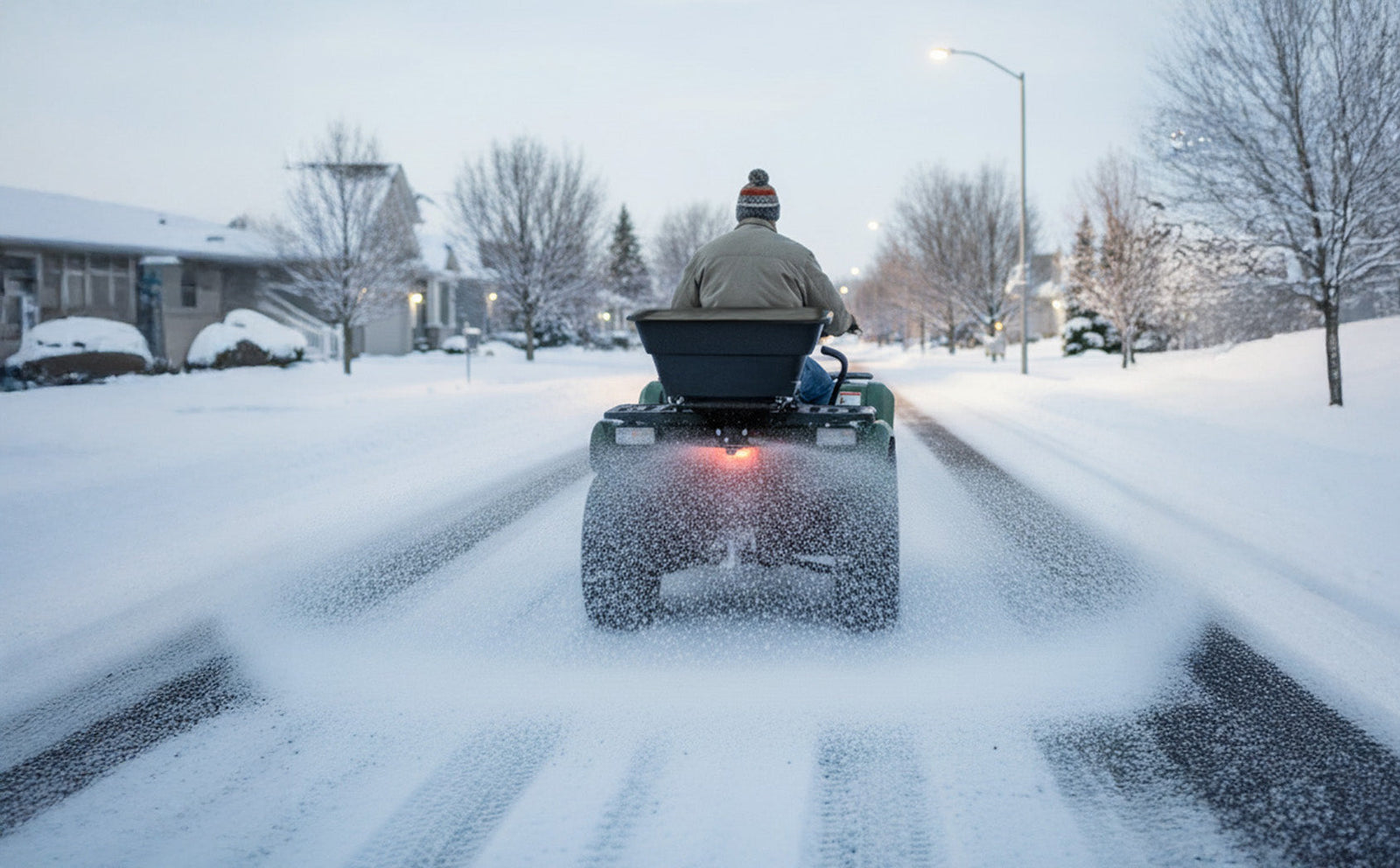 Ein ATV mit einem Streuer fährt durch eine schneebedeckte Straße, umgeben von verschneiten Bäumen und Häusern im winterlichen Licht