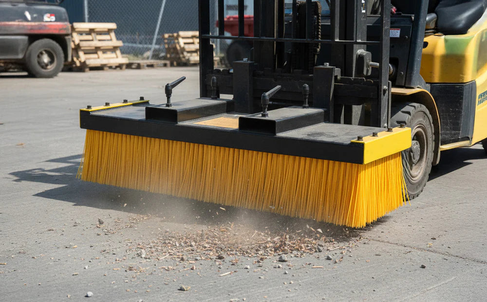 Gabelstapler mit gelbem Blockbesen reinigt den Industrieboden, während Staub und Schmutz aufgewirbelt werden, um eine saubere Werkstatt zu gewährleisten