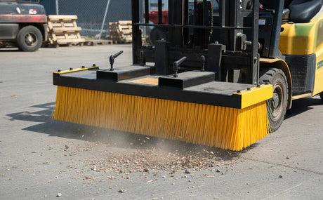 Gabelstapler mit gelbem Blockbesen reinigt den Industrieboden, während Staub und Schmutz aufgewirbelt werden, um eine saubere Werkstatt zu gewährleisten