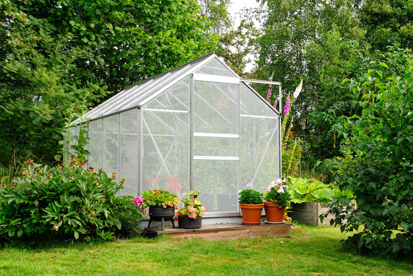 Ein modernes Gewächshaus aus klarem Glas, umgeben von bunten Blumen und Pflanzen in Töpfen, auf einer grünen Wiese im Frühling