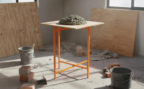 Mörtelbrettständer mit orangefarbenem Metallgestell, darauf ein Haufen frischer Mörtel, umgeben von Baustellenmaterialien und Holzplatten