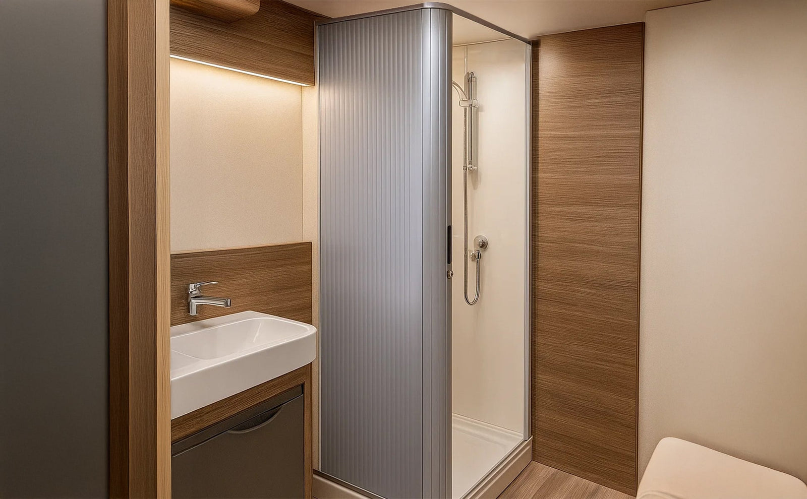 Moderne Rollladen-Duschtür in einem Wohnwagen-Badezimmer, mit silberner Oberfläche, Holzverkleidung und eleganter, platzsparender Gestaltung