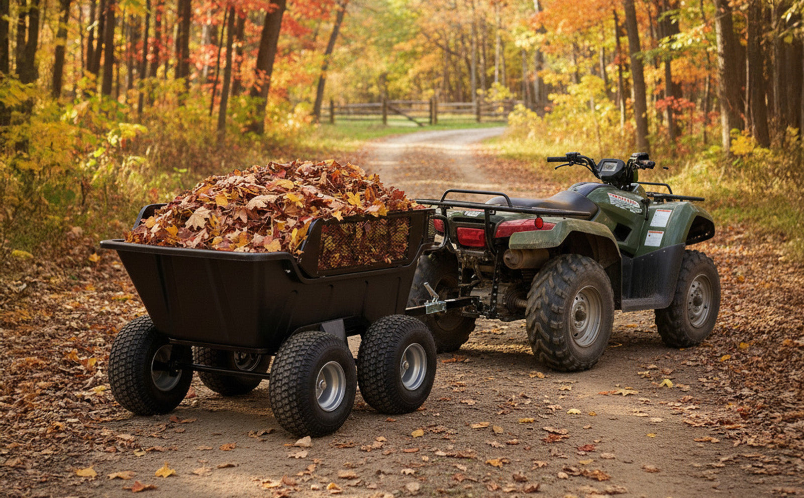 Kippbarer Anhänger für Quads, schwarz, voll mit bunten Herbstblättern, auf einem schmalen Waldweg umgeben von leuchtend gelben und roten Bäumen