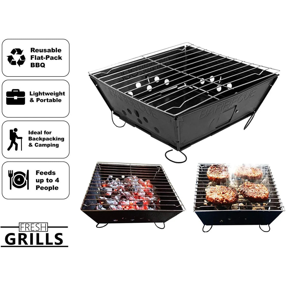 Kleiner tragbarer Grill aus leichtem, schwarzem Metall mit einem stabilen Gitter, ideal für Camping und Picknicks, geeignet für bis zu 4 Personen