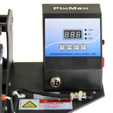 Digitale Steuerungseinheit der PixMax Tassenpresse mit LED-Display, Temperatur- und Zeiteinstellungen, robustes schwarzes Gehäuse und Warnhinweis