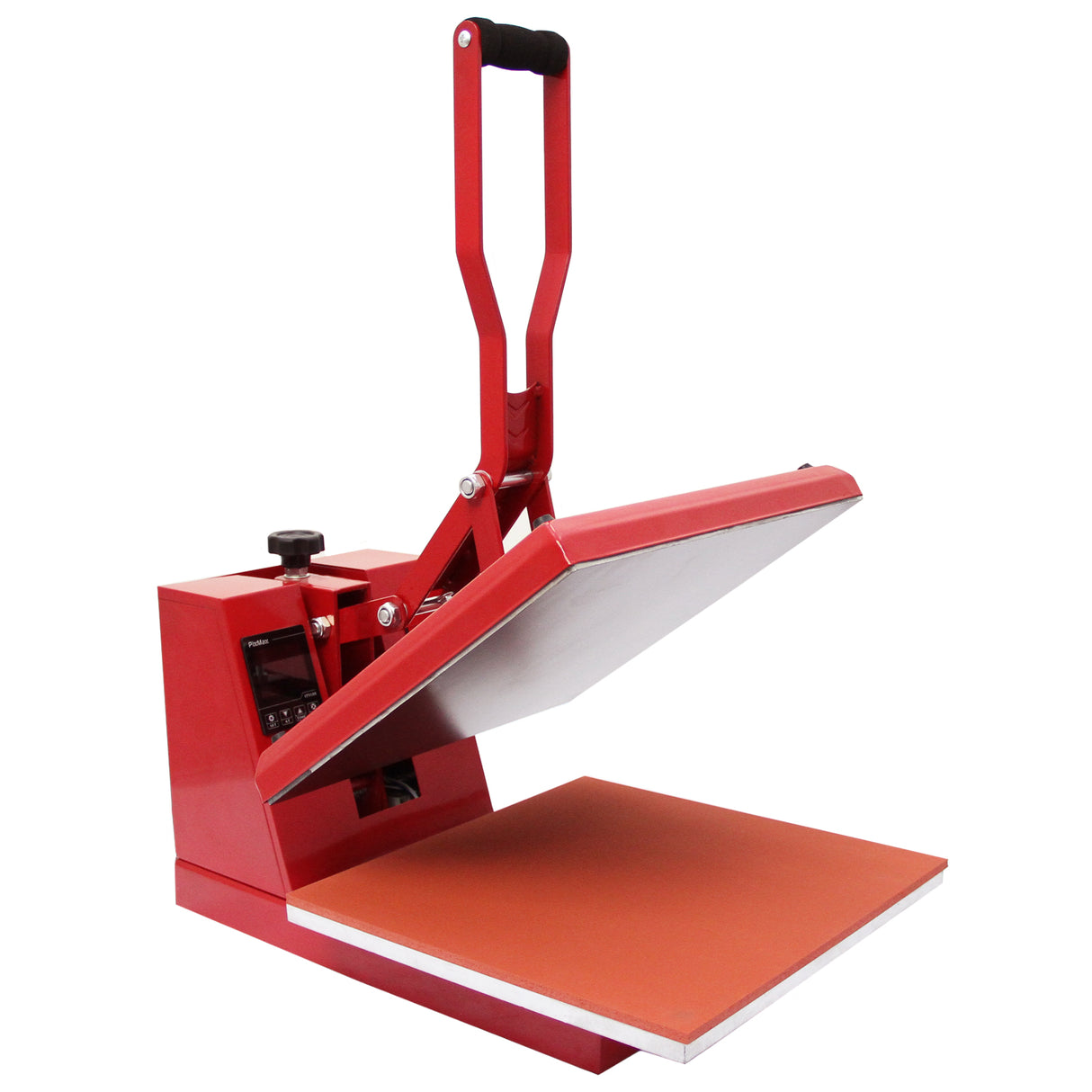 Rote 38-cm-Klapppresse mit einer glatten, orangefarbenen Arbeitsfläche, ideal für das Übertragen von Designs auf verschiedene Materialien