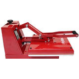 Kompakte, rote 38-cm-Klapppresse mit robustem Metallrahmen, ideal für den Druck auf Textilien und Vinyl, mit ergonomischem Hebel und präziser Steuerung