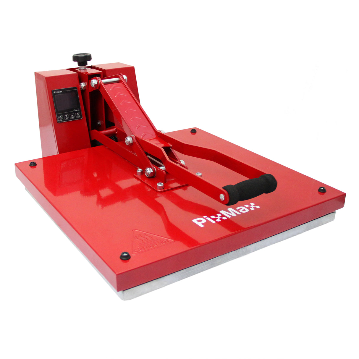 Rote 50-cm-Klapppresse mit schwarzem Griff, digitalem Display und robustem Metallrahmen, ideal für den Druck auf Textilien und Materialien