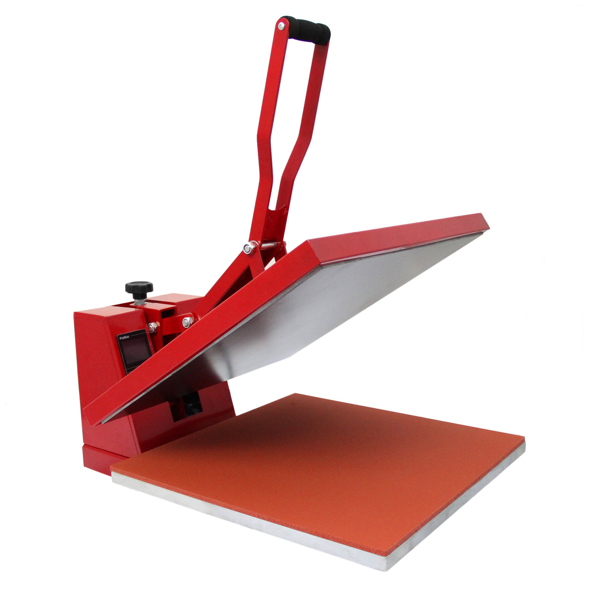 Rote Transferpresse mit großer, flacher Heizplatte und ergonomischem Griff, ideal für die Herstellung von Schildern und Vinyldruck