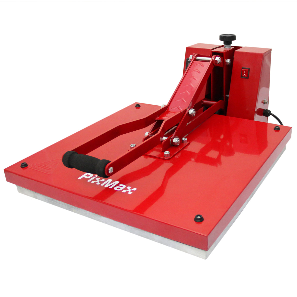 Rote 50-cm-Klapppresse mit stabiler Basis, glänzender Oberfläche und ergonomischem Hebel, ideal für den Druck von Vinyl und Textilien