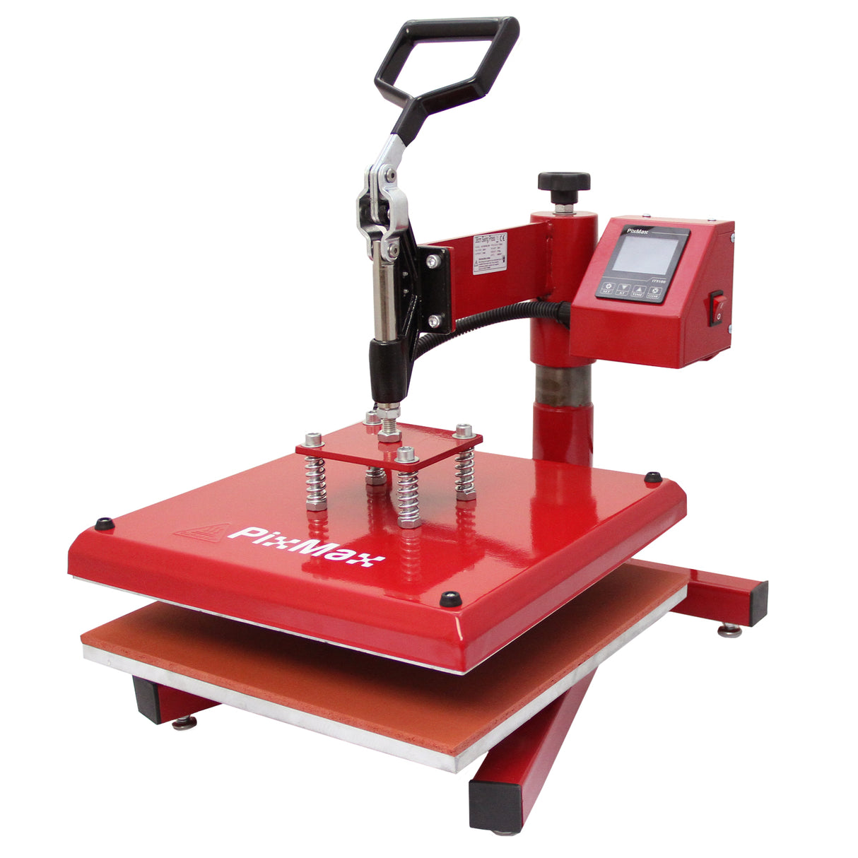 Der rote 38 Swing Vinylschneider mit LED-Anzeige und ergonomischem Griff, ausgestattet mit einer stabilen Heizplatte und Druckmechanismus