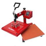 Rote 38-cm-Schwenkpresse mit einem stabilen, verstellbaren Griff und einer großen, flachen Heizplatte für das Bedrucken von Textilien und Materialien
