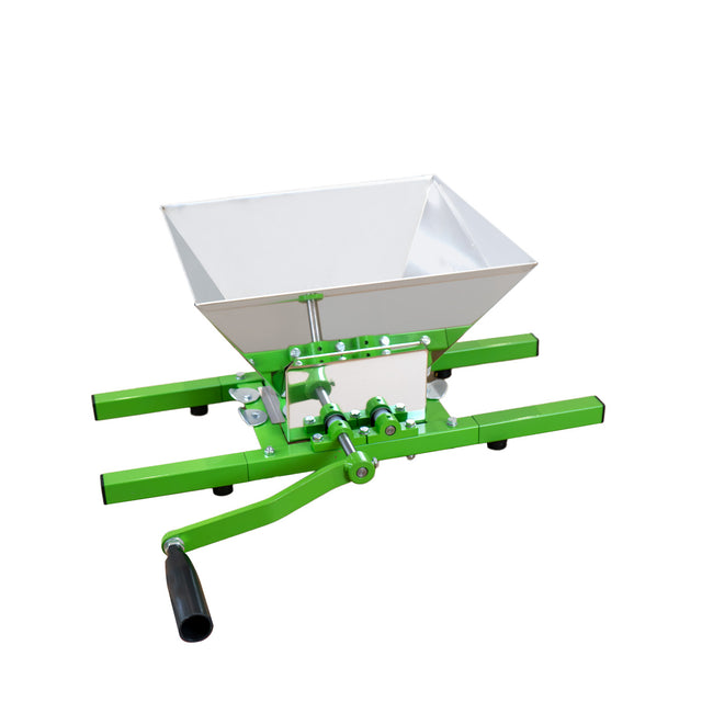 Tragbarer Obstzerkleinerer mit Kurbel in leuchtendem Grün und silbernem Behälter, ideal für die Zerkleinerung von Obst, 7 Liter Kapazität