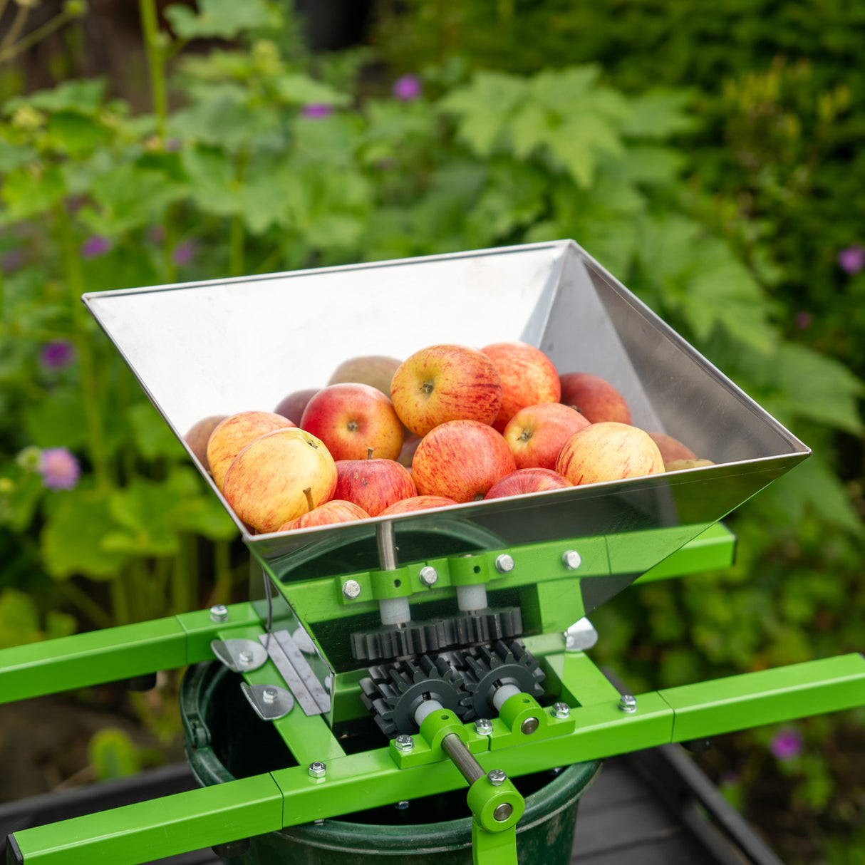 Tragbarer Obstzerkleinerer mit Kurbel, grüne Struktur, Edelstahlbehälter gefüllt mit frischen Äpfeln, ideal für die Obstverarbeitung