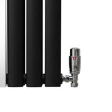 Oval Röhrenheizkörper mit Spiegel & Chrom Thermostatventile - 1800mm x 380mm – Schwarz