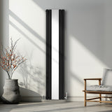 Oval Röhrenheizkörper mit Spiegel & Chrom Thermostatventile - 1800mm x 380mm – Schwarz