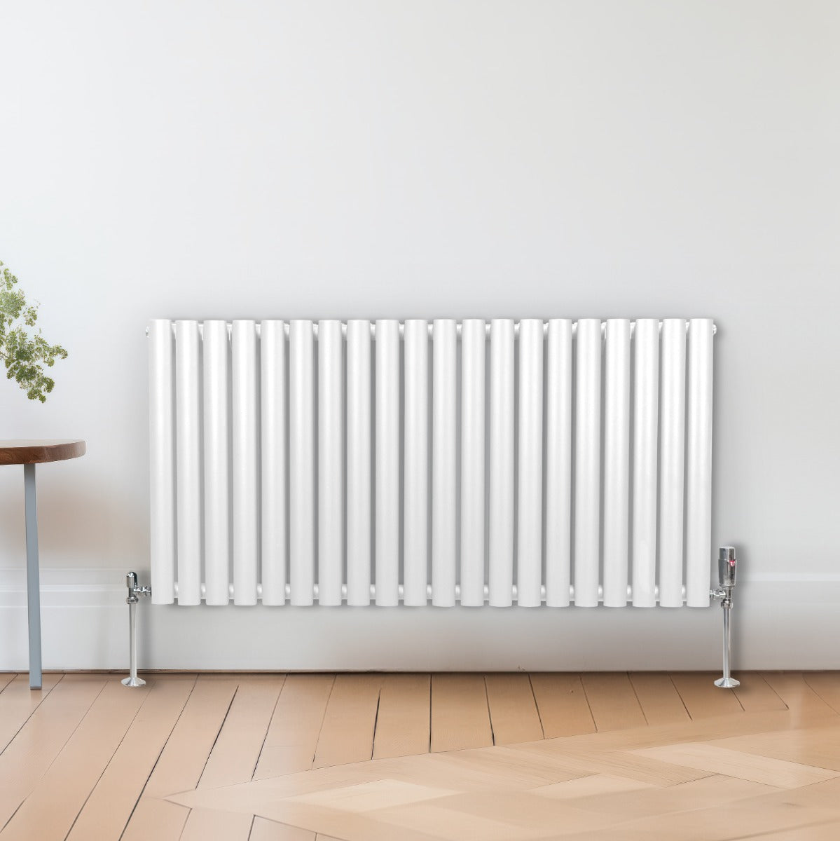 Oval Röhrenheizkörper & Chrom Thermostatventile – 600mm x 1200mm - Weiß