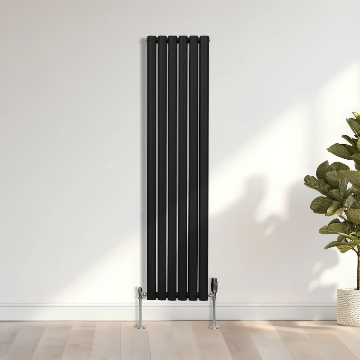 Oval Röhrenheizkörper & Chrom Thermostatventile – 1600mm x 360mm - Schwarz