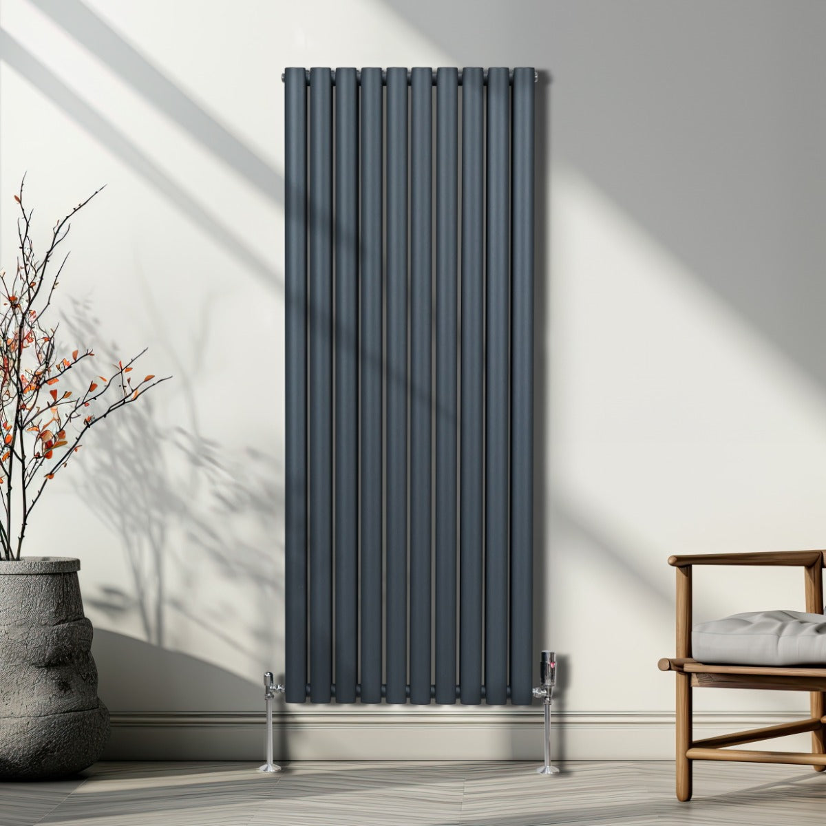 Oval Röhrenheizkörper & Chrom Thermostatventile – 1600mm x 600mm - Anthrazitgrau