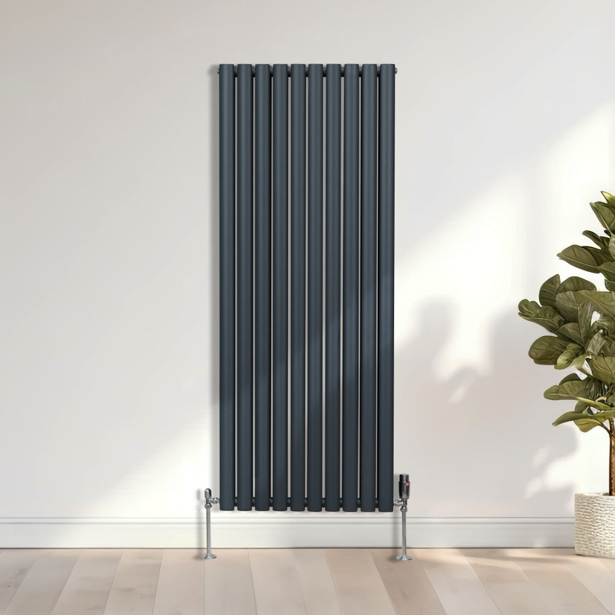 Oval Röhrenheizkörper & Chrom Thermostatventile – 1600mm x 600mm - Anthrazitgrau