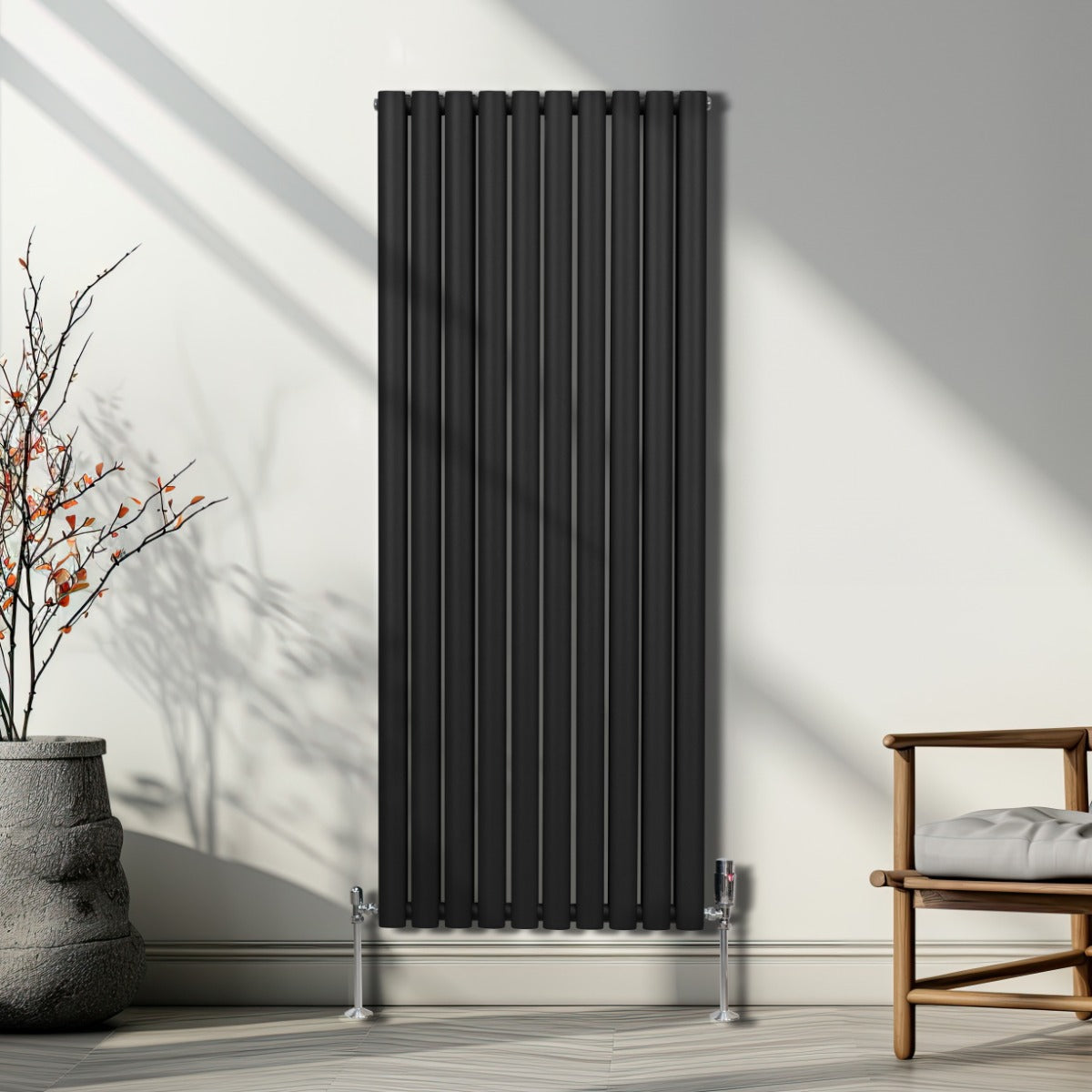 Oval Röhrenheizkörper & Chrom Thermostatventile – 1600mm x 600mm - Schwarz