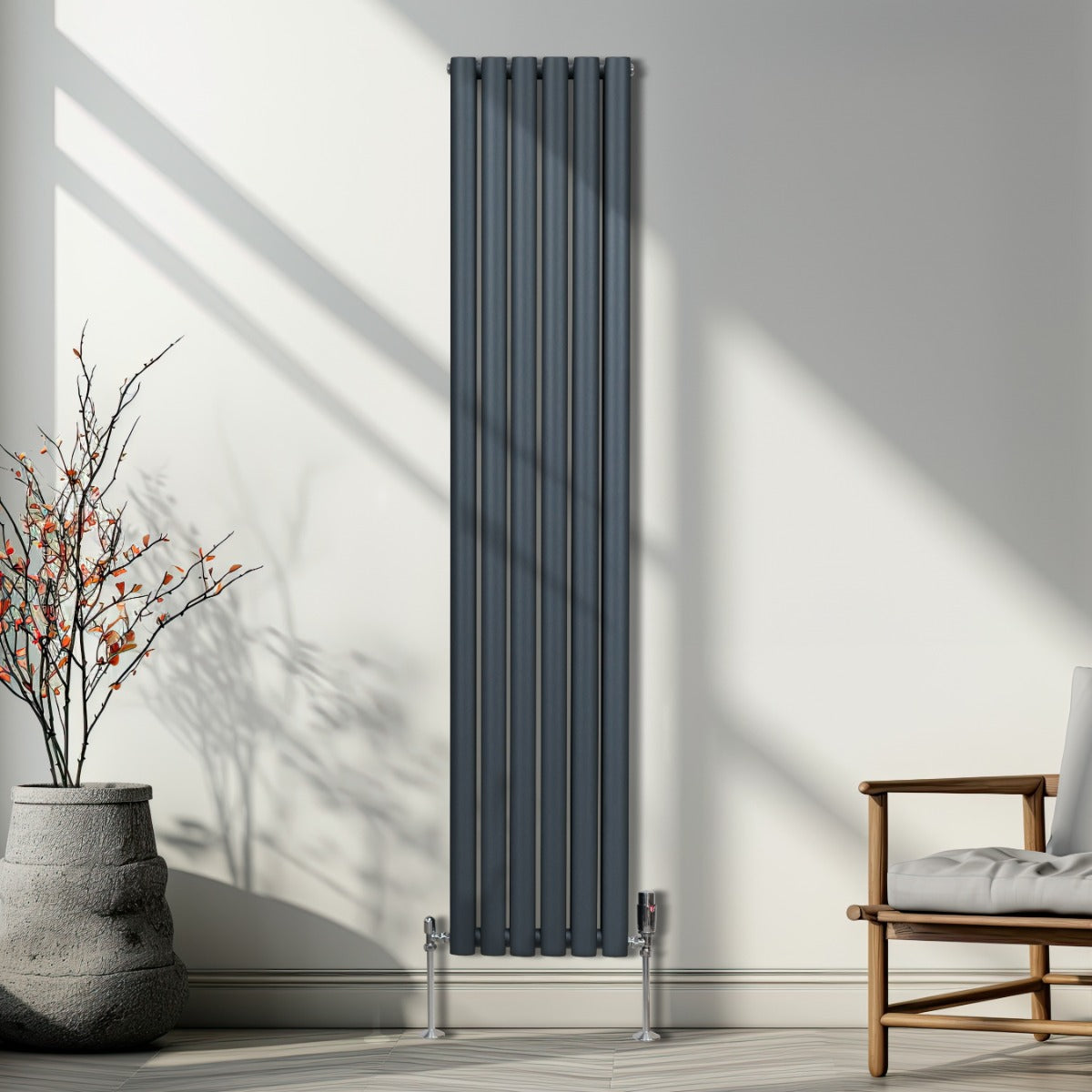 Oval Röhrenheizkörper & Chrom Thermostatventile – 1800mm x 360mm - Anthrazitgrau