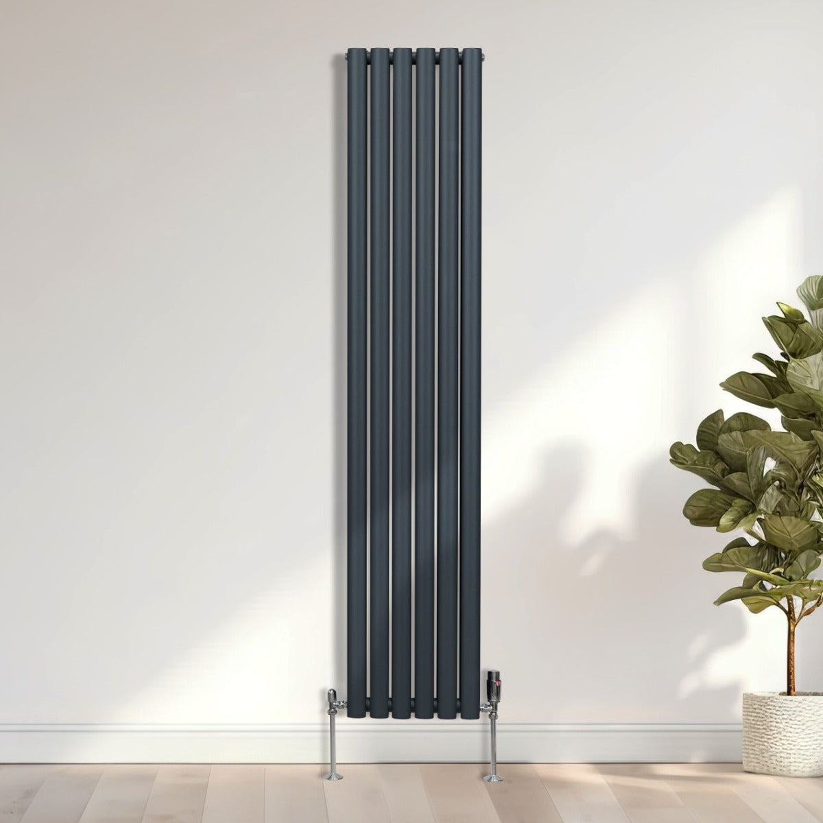 Oval Röhrenheizkörper & Chrom Thermostatventile – 1800mm x 360mm - Anthrazitgrau