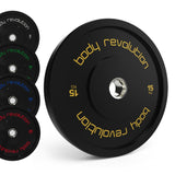Schwarzes Bumper-Scheiben Set von Body Revolution mit verschiedenen Gewichten (15 kg, 25 kg, 10 kg, 5 kg) und goldener Schrift auf der Oberfläche