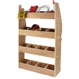 Holzregalsystem für Citroen Berlingo mit drei offenen Regalen und sechs Fächern, ideal zur Aufbewahrung von Werkzeug und Zubehör, naturbelassenes Finish