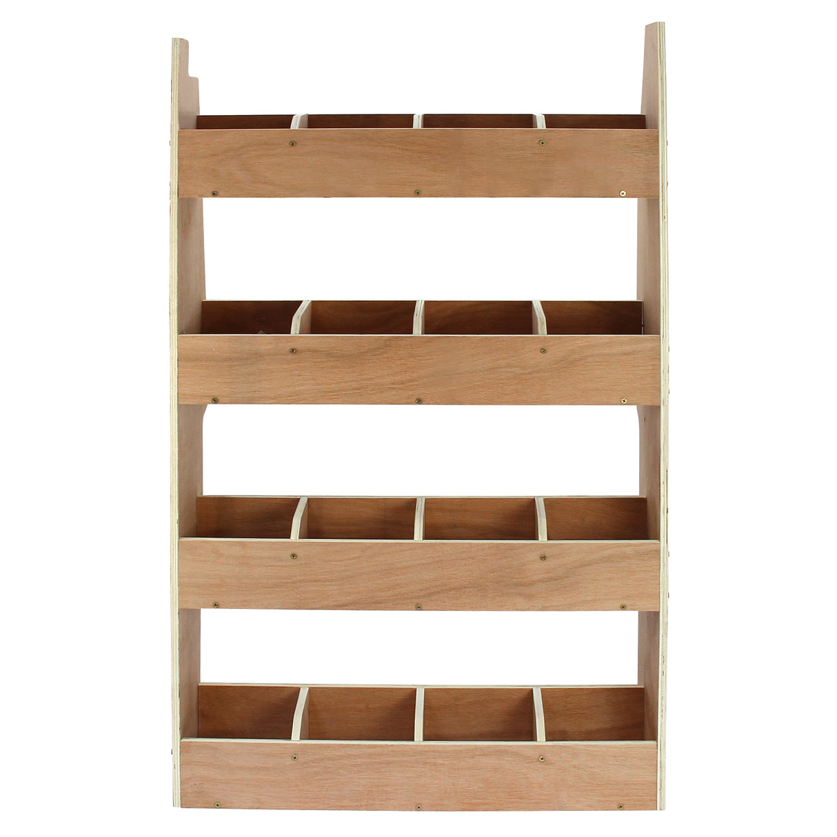 Holzregalsystem mit vier offenen Fächern, ideal für die Auskleidung eines Weizen-Transporters, in hellem Holzton und stabiler Bauweise