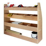 Schwarze Van-Verkleidung mit Kleber und VW Caddy-Regal, aus hellem Holz, mit mehreren Fächern für Werkzeuge und Materialien, funktional und robust