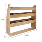 Schwarze Van-Verkleidung mit Kleber und VW Caddy-Regal, aus hellem Holz, mit mehreren offenen Fächern und klaren Maßen für optimalen Stauraum