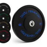 Schwarzes Bumper-Scheiben Set von Body Revolution mit verschiedenen Gewichten, klarer blauer Schrift und robustem, rutschfestem Material für sicheres Training