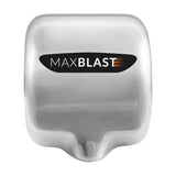 Automatischer Händetrockner in glänzendem Edelstahl mit HEPA-Filter, kompakte Form und modernes Maxblast-Logo in Schwarz und Orange