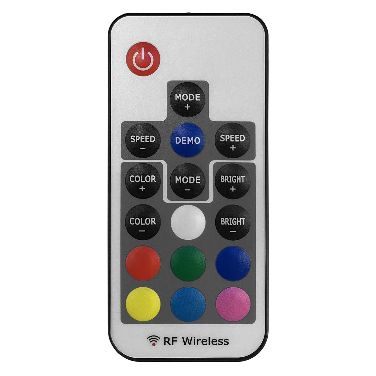 Fernbedienung mit Tasten in verschiedenen Farben, darunter rot, blau, grün und gelb, für die Steuerung von LED-Beleuchtungssystemen in Bars