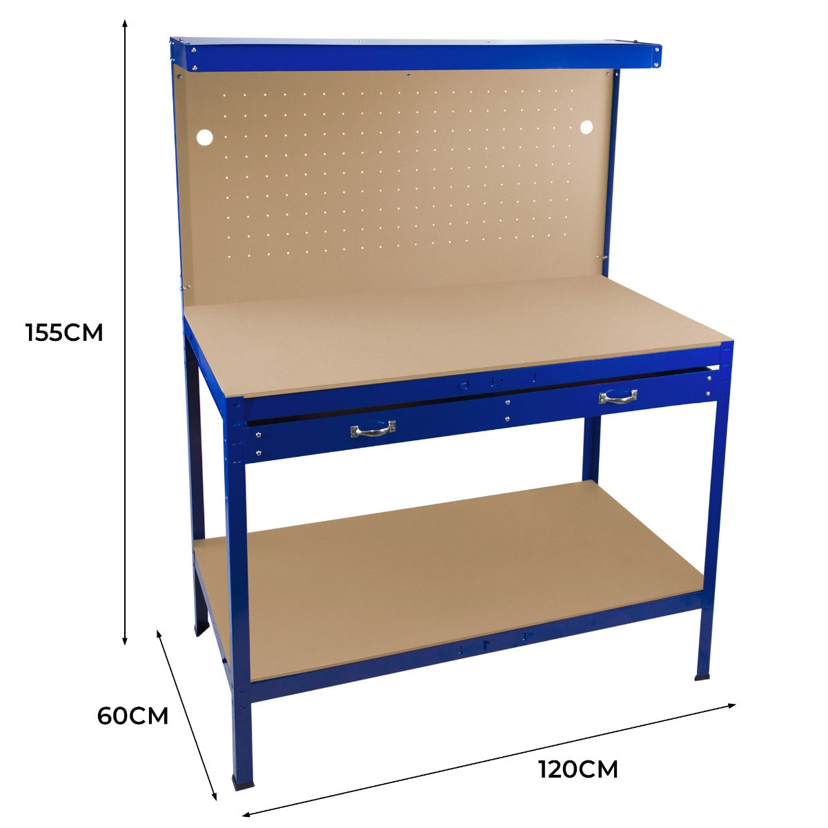 Werkbank mit Lochwand, Schublade & Licht - Blau