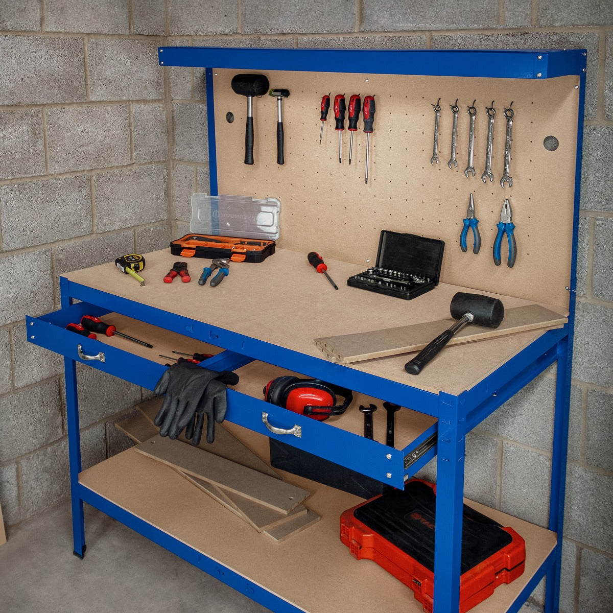 Werkbank mit Lochwand, Schublade & Licht - Blau