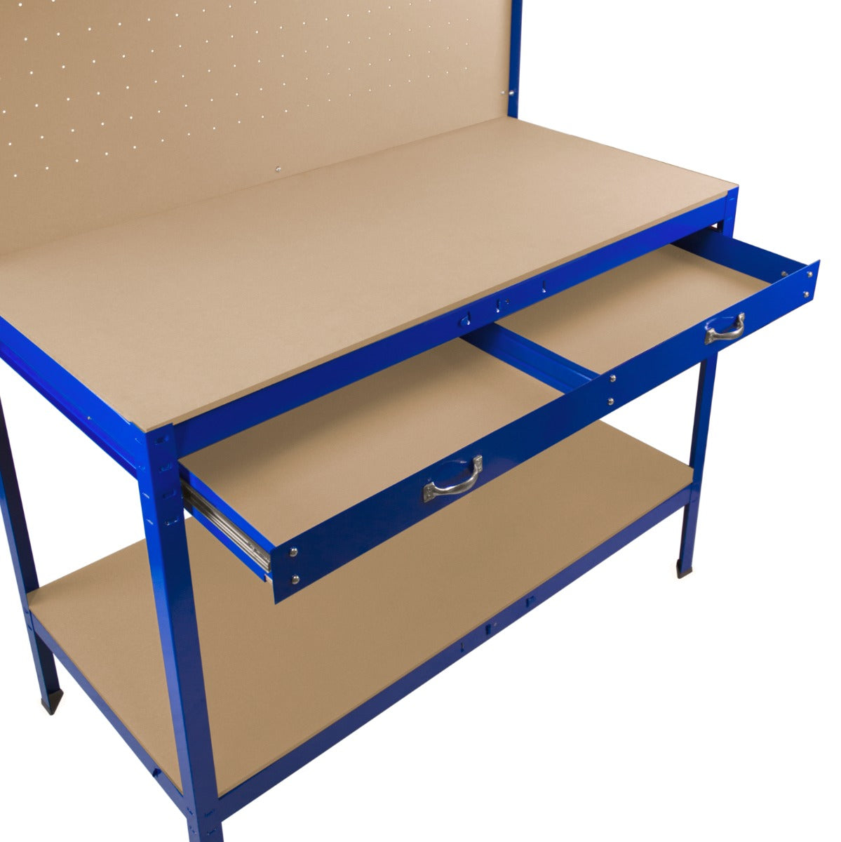 Werkbank mit Lochwand, Schublade & Licht - Blau