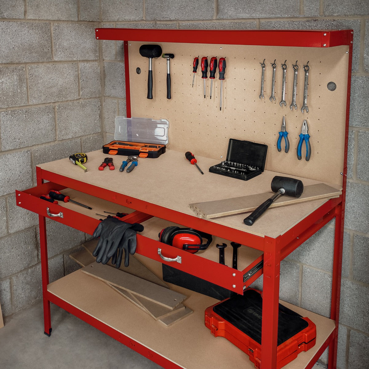 Werkbank mit Lochwand, Schublade & Licht - Rot