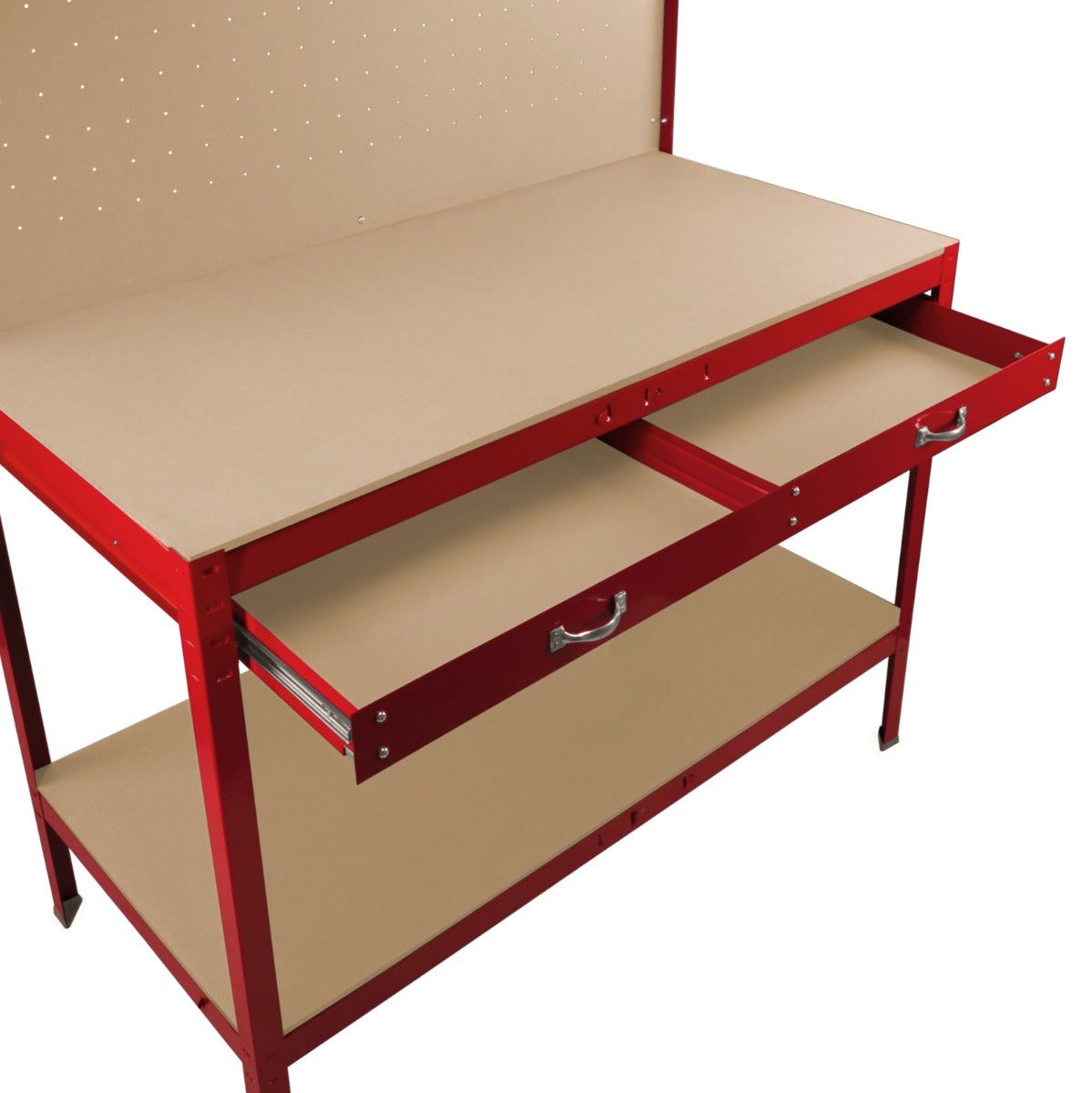 Werkbank mit Lochwand, Schublade & Licht - Rot