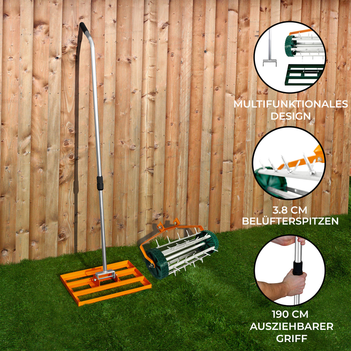 T-Mech Rasenrakel 50cm und rollender Rasenlüfter – Orange