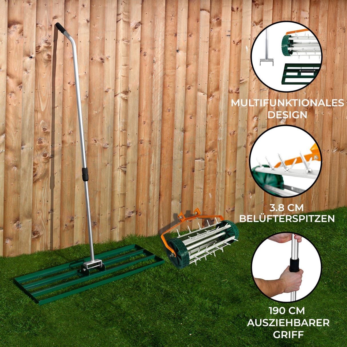 T-Mech Rasenrakel 100cm und rollender Rasenlüfter – Grün