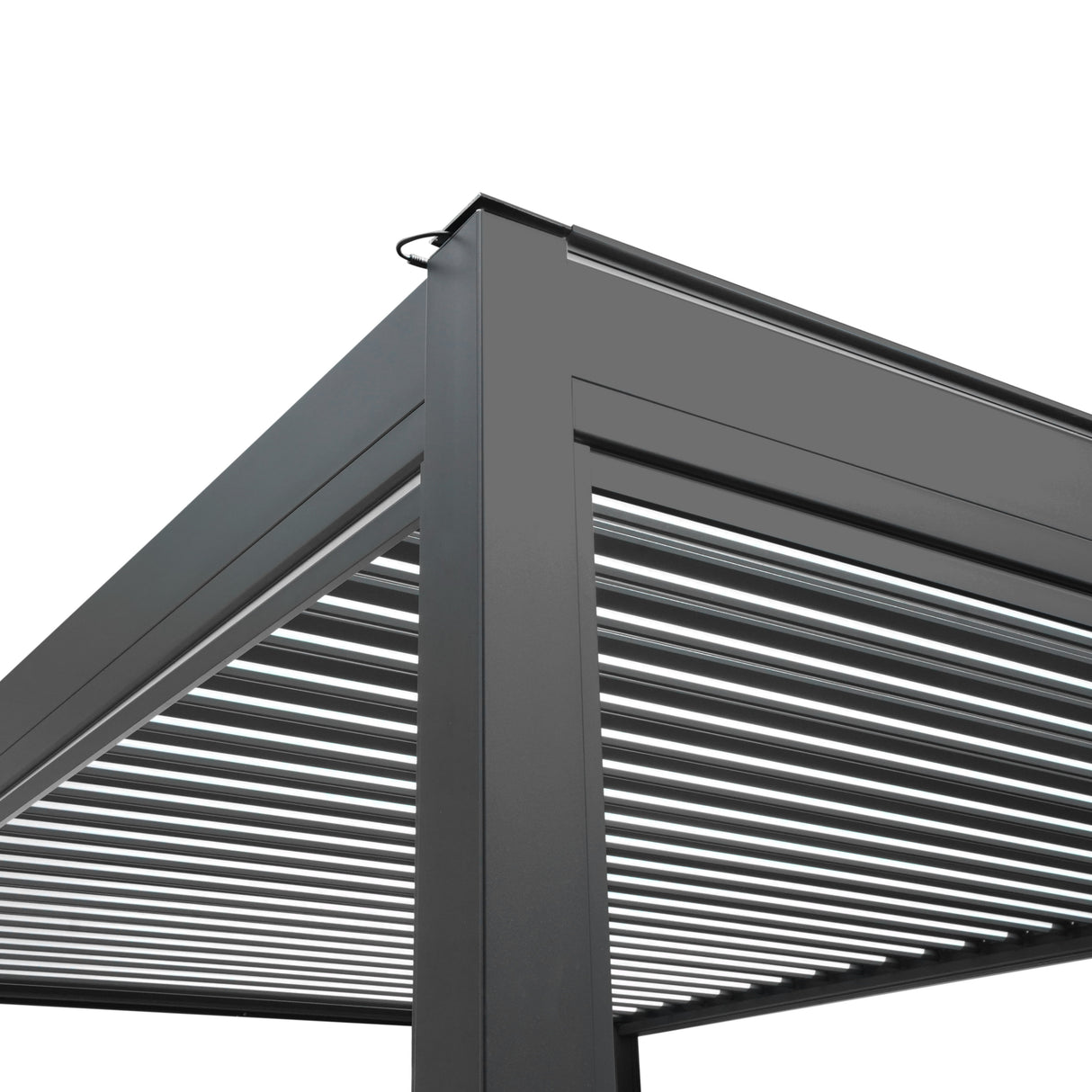 Anthrazitfarbene Aluminium-Pergola mit LED-Beleuchtung, 3 m x 3 m, zeigt robuste, moderne Linien und eine elegante, schattenspendende Struktur