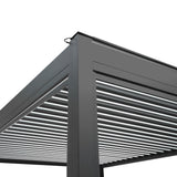 Anthrazitfarbene Aluminium-Pergola mit LED-Beleuchtung, 3 m x 3 m, zeigt robuste, moderne Linien und eine elegante, schattenspendende Struktur