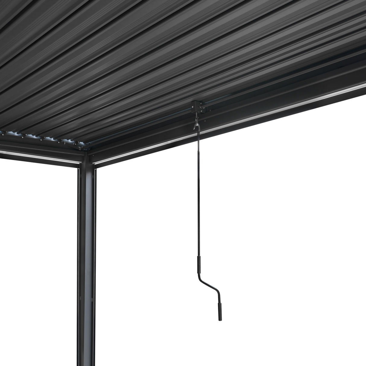 Anthrazitfarbene Aluminium-Pergola mit LED-Beleuchtung, 3 m x 3 m, zeigt die strukturierte Decke und einen Bedienhebel für die Lamellenverstellung